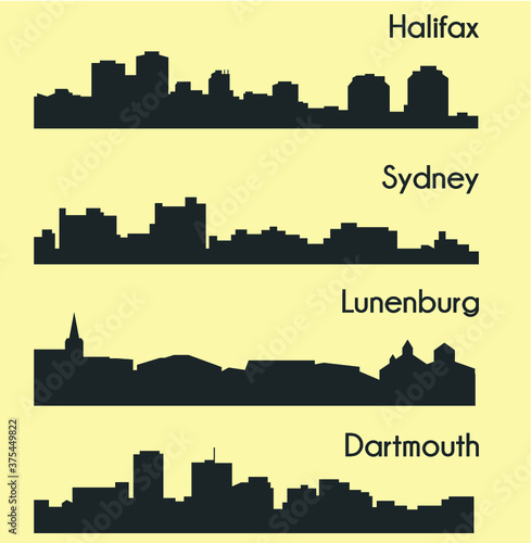 Set of 4 city silhouette in Nova Scotia, Canada ( Halifax, Lunenburg, Sydney, Dartmouth )