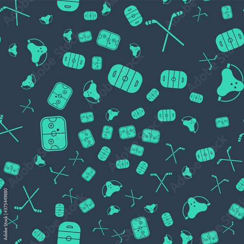 Set Ice hockey rink, Ice hockey sticks, Air hockey table and Protective sport jockstrap on seamless pattern. Vector.