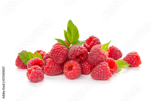  raspberries with leaf isolated on a white background