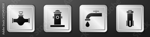 Set Industry pipe and valve, Fire hydrant, Water tap and Water filter icon. Silver square button. Vector.