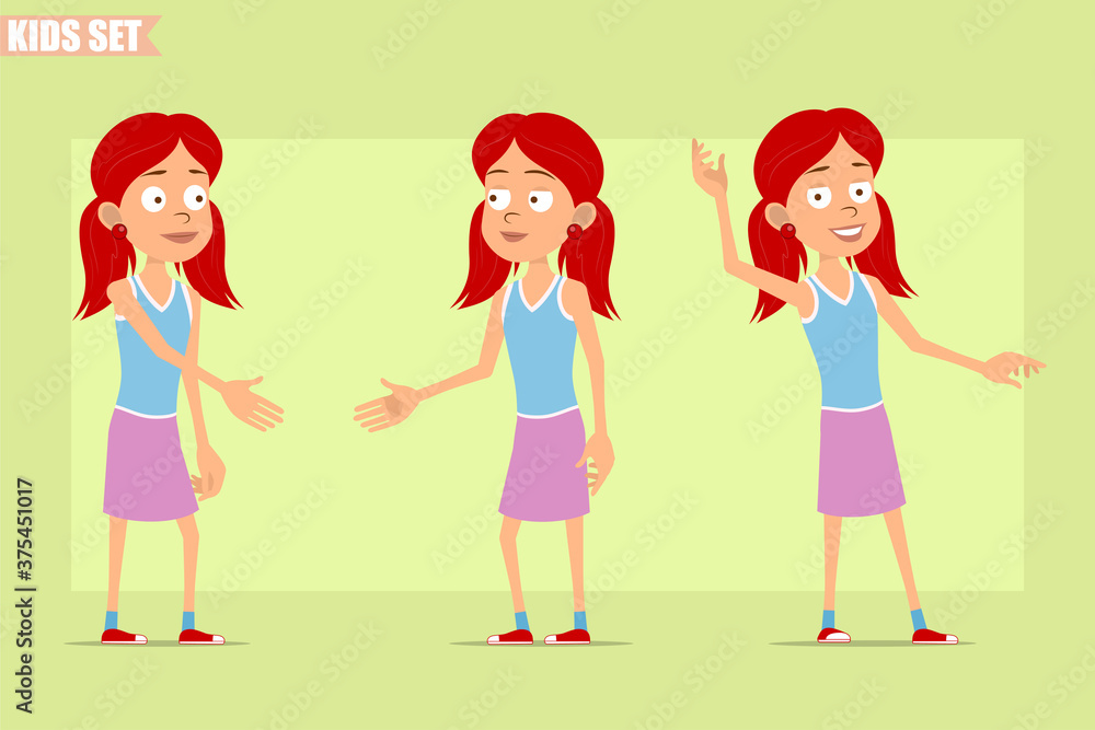 Cartoon flat funny little redhead girl character in violet skirt. Kid shaking hands and showing hello or bye gesture. Ready for animation. Isolated on green background. Vector set. Cartoon flat funny little redhead girl character in violet skirt. Kid shaking hands and showing hello or bye gesture. Ready for animation. Isolated on green background. Vector set.