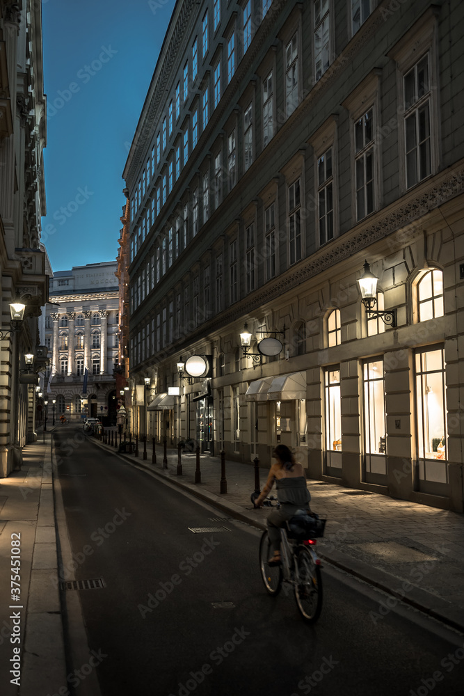 Woman On Bicycle In Narrow Road With Illuminated Stores In The Inner City Of Vienna In Austria