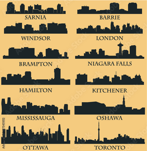 Set of 12 City Silhouette in Ontario, Canada ( Toronto, London, Barrie, Kitchener, Ottawa, Brampton, Windsor, Niagara Falls, Oshawa, Sarnia, Hamilton, Mississauga )