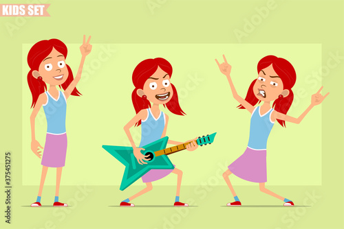 Cartoon flat funny little redhead girl character in violet skirt. Kid playing guitar and showing rock and roll, peace sign. Ready for animation. Isolated on green background. Vector set.