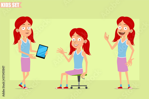 Cartoon flat funny little redhead girl character in violet skirt. Kid resting in chair and showing new smart tablet. Ready for animation. Isolated on green background. Vector set.