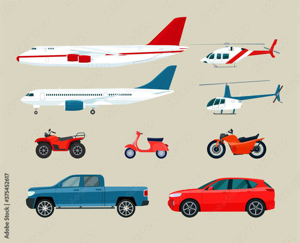 Set of different transportation vehicles. Vector flat illustration.