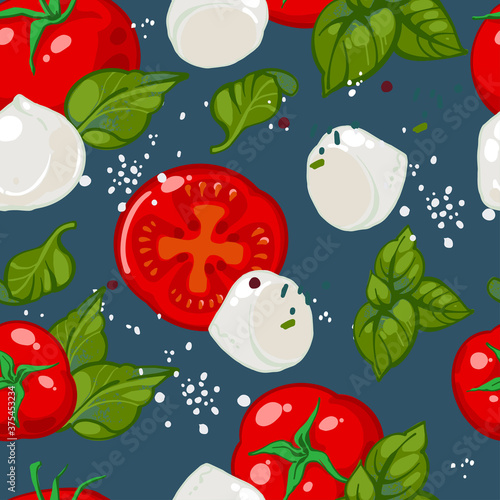 Seamless hand drawn pattern of caprese salad. Vector illustration of red tomatoes, basil, Mozzarella cheese, salt and black pepper. Background for Italian cuisine menu. Ingredients for caprese salad