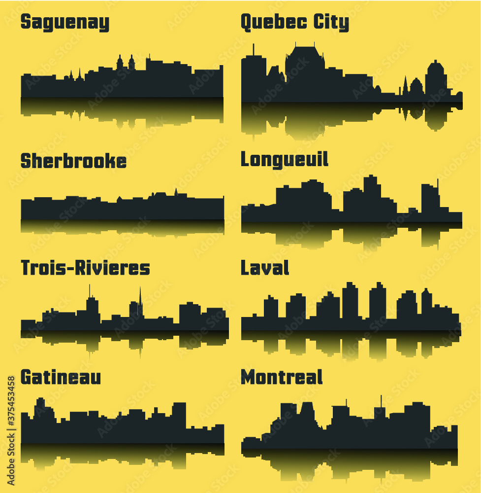 Set of 8 City silhouette in Quebec, Canada ( Quebec City, Montreal, Gateneau, Laval, Saguenay, Trois-Rivieres, Sherbrooke )