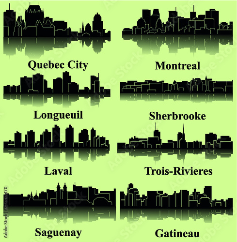 Set of 8 City silhouette in Quebec, Canada ( Quebec City, Montreal, Gateneau, Laval, Saguenay, Trois-Rivieres, Sherbrooke ) photo