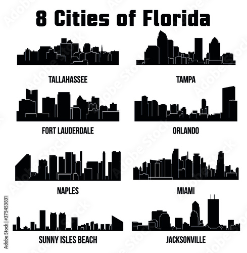 8 City silhouette in Florida ( Naples, MIami, Fort Lauderdale, Tampa, Orlando, Tallahassee, Sunny Isles Beach, Jacksonville )