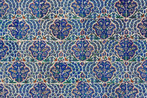 Ottoman tiles on the wall of the courtyard in the Mausoleum of Eyup Sultan, a holy site for muslims, in Istanbul, Turkey.