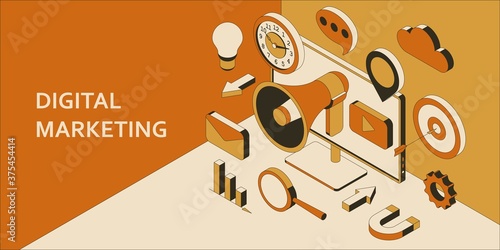 Digital marketing isometric background. Marketing technology concept. Promotion and social media communication. Vector illustration.