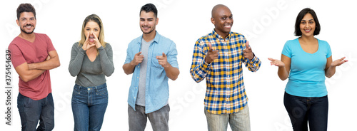 Group of pointing and screaming african and latin american adult people photo