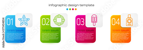 Set line Starfish, Lifebuoy, Ice cream and Sunscreen spray bottle. Business infographic template. Vector.