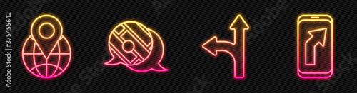 Set line Road traffic sign, Location on the globe, Infographic of city map navigation and City map navigation. Glowing neon icon. Vector.