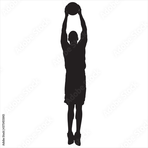 Professional basketball player silhouette jumping and shooting ball into the hoop, vector illustration
