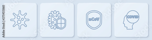 Set line Virus, Shield protecting from virus, and Corona covid-19. White square button. Vector.
