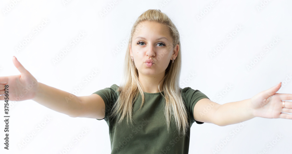 Fototapeta premium portrait girls blonly reaching hands, want hold someone tight, embrace in her arms, folding lips and close eyes waiting for passionate kiss, white background