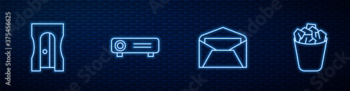 Set line Envelope, Pencil sharpener, Movie, film, media projector and Full trash can. Glowing neon icon on brick wall. Vector.