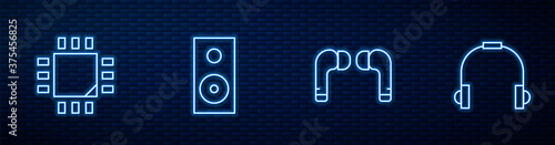 Set line Air headphones, Processor with microcircuits CPU, Stereo speaker and Headphones. Glowing neon icon on brick wall. Vector.