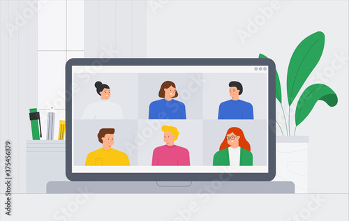 Vector trendy illustration a group of people friends meeting online video conference call. People video calling and messaging talking, consultation, seminar, online training concept.