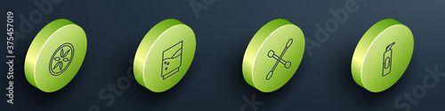 Set Isometric Leaf plant nature, Glass with water, Cotton swab for ears and Spray can hairspray icon. Vector.
