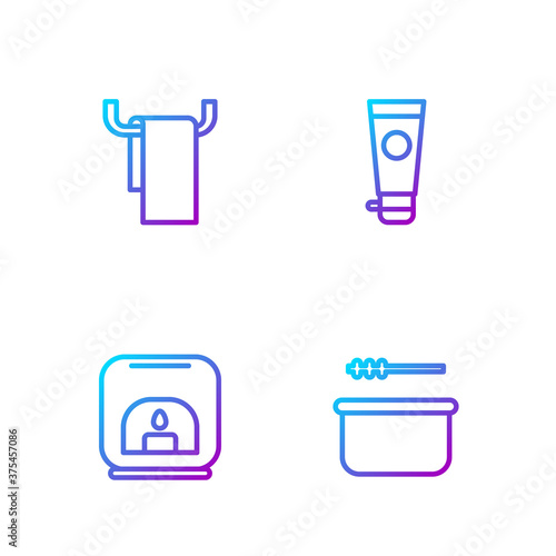 Set line Sauna bucket and ladle, Aroma lamp, Towel on hanger and Cream or lotion cosmetic tube. Gradient color icons. Vector.