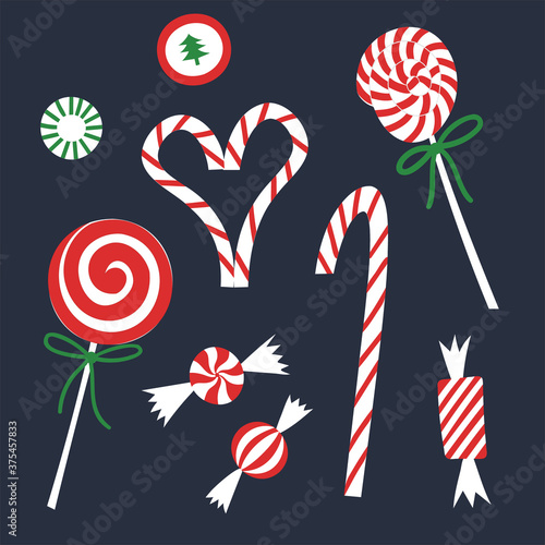 Christmas candies set. Candy cane, swirl lollipop, spiral lollypop, peppermint bonbons in wrappers. Sweet hard caramel decoration for xmas celebration.