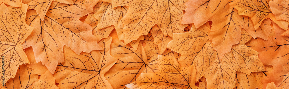 top view of golden autumnal foliage background, panoramic shot - obrazy, fototapety, plakaty 