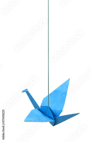 Origami crane bird haning isolated white