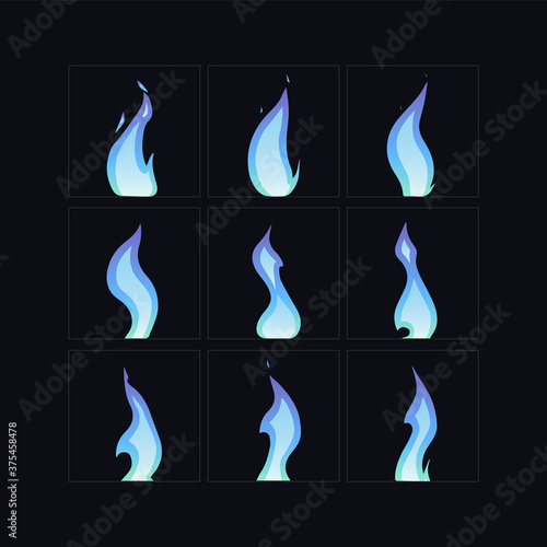 Fire explosion animation effect. Flame sprites sheet for torch, campfire, games, cartoon or animation and motion design. Vector illustration.