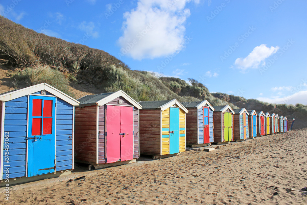 Beach huts at Saunton Sands beach, Devon	