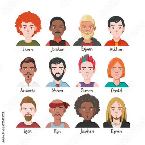 Set of Men Avatars. Twelve Characters from Different Subcultures and Social Strata.  Beautiful Men with Names. Diversity of Cultures. Vector Illustration.