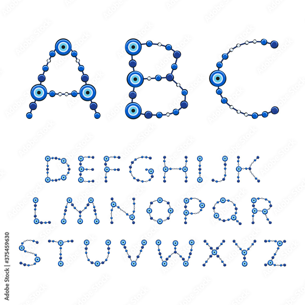 Alphabet from jewelry with the eye of fatima, beads, amulet. Set of isolated vector objects on a white background. Alphabet from jewelry with the eye of fatima, beads, amulet. Set of isolated vector objects on a white background.