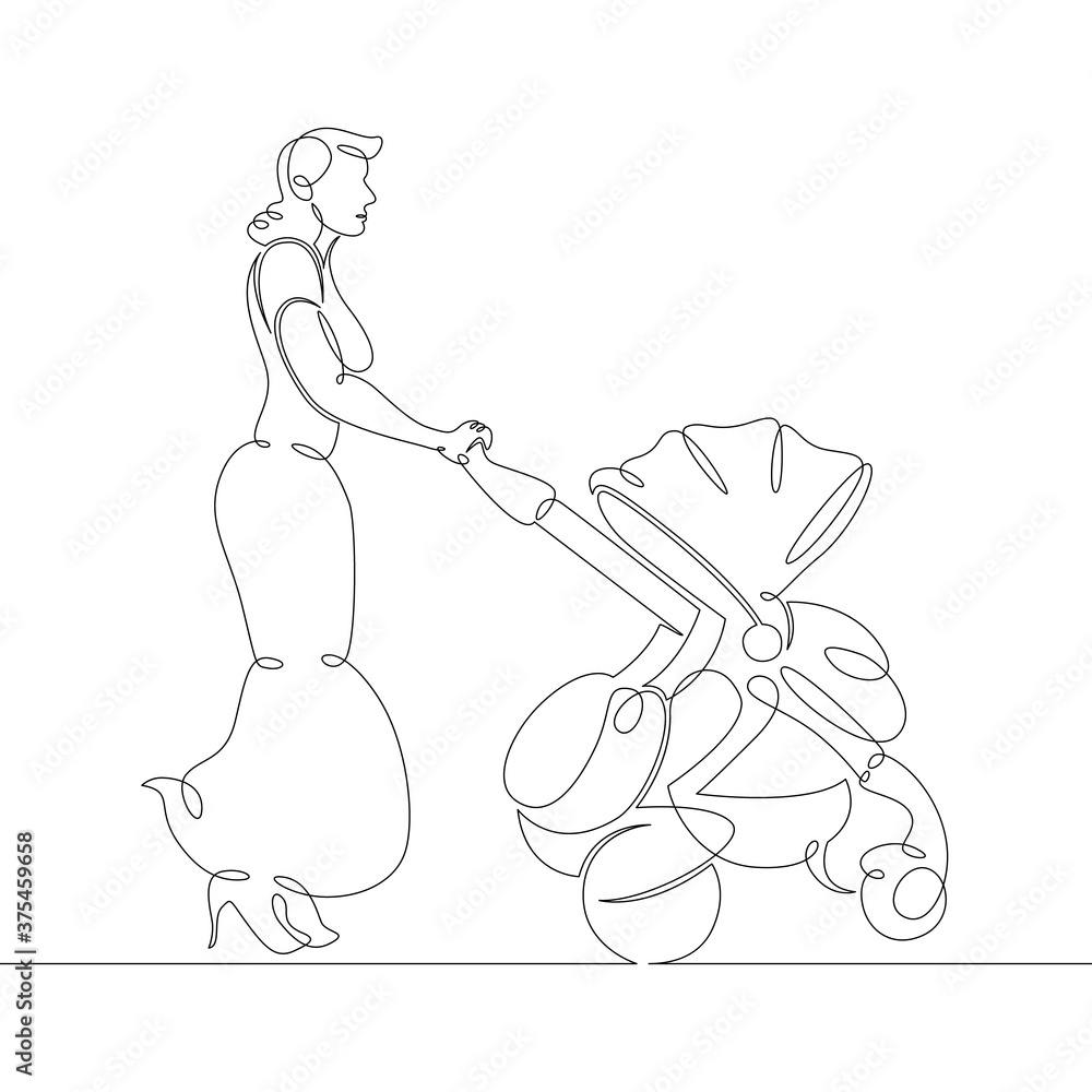 Fototapeta młoda kobieta w sukience prowadzi wózek dziecięcy