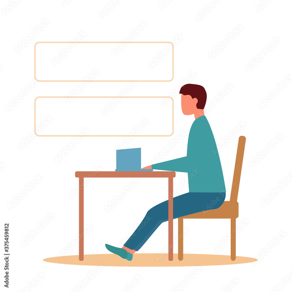 Fototapeta premium A modern person at a computer works online, great design for any purpose Cartoon flat vector. Online communication. Online education concept. Modern technologies. Home Office.