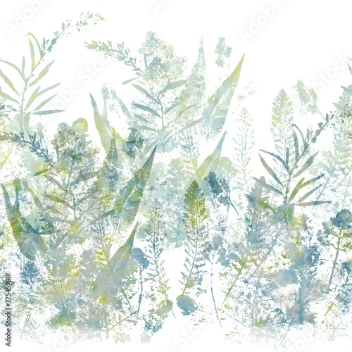 Seamless patterns. Abstract decorative composition. Multi-colored palette. Silhouettes of wild herbs on a watercolor background. Use printed materials  signs  posters  postcards  packaging. Eco-print.