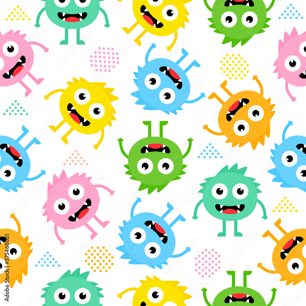 Seamless pattern cartoon cute monsters background. Halloween design vector illustration isolated on white background Seamless pattern cartoon cute monsters background. Halloween design vector illustration isolated on white background