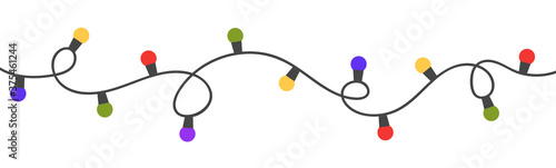 Color Christmas lights isolated on white background. Bright colored garland lights decoration. Led neon lamp. Glowing bulb for xmas cards, banners, posters, web. Vector illustration