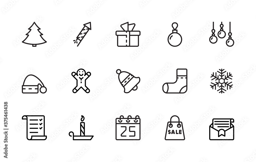 Fototapeta premium A simple set of New Year and Christmas related vector linear icons. 48x48 Pixel Perfect. Editable Stroke.