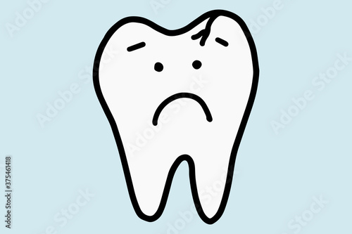 Cute cartoon tooth with a crack. Hand drawn line art doodle vector illustration isolated on white background.. Concept of care for the oral cavity, dentistry.