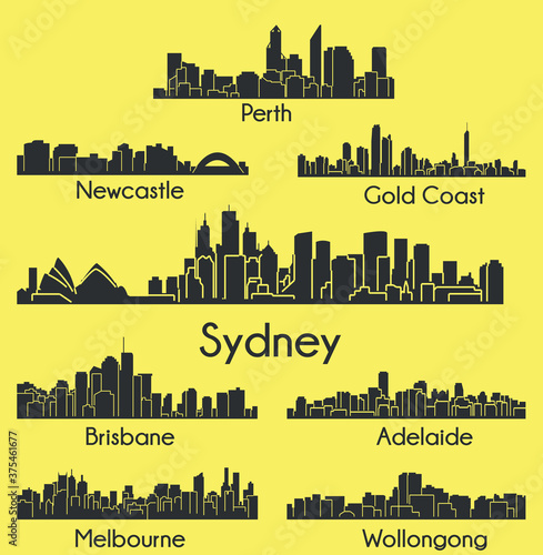 Set of 8 City silhouettes in Australia ( Sydney, Melbourne, Perth, Gold Coast, Wollongong, Brisbane, Newcastle, Adelaide )