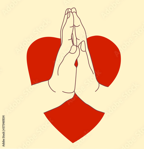 Hands on the background of a red heart. The womans palm is attached to the mans palm. gestures - Tenderness, love and passion. contour line. Isolated on background. Vector illustration