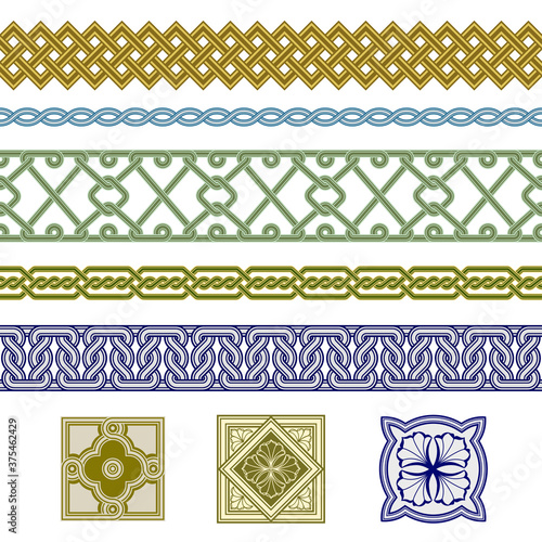 Set of seamless borders and floral corner elements. Interlaced lines. Based on Georgian, Armenian, Arabic, Celtic styles. Pattern brushes included in EPS file.