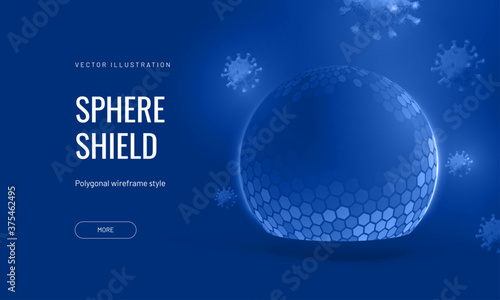 Force shield bubble and virus protection vector illustration on a blue background. Banner, protection or immunity or prevention from microorganism in the form of an energy shield in an abstract style