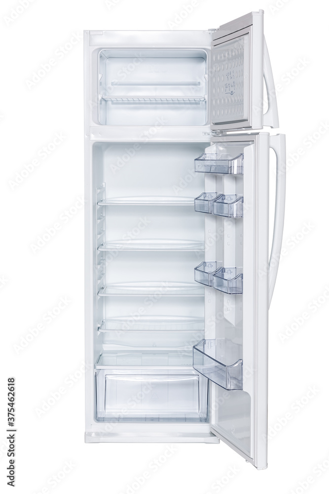 Open an empty mini fridge Refrigerator Isolated on White Background. Modern Kitchen and Domestic Major Appliances. Open an empty mini fridge Refrigerator Isolated on White Background. Modern Kitchen and Domestic Major Appliances.