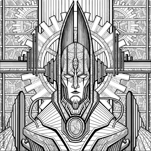 Mechanic character close-up, cyborg or robot, Lord of Time with broad shoulders in helmet with horns, with reactor in the chest, patterns, mechanism and gear wheels on background. Coloring, line art.