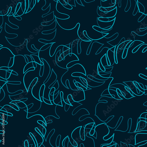 Seamless pattern line drawing outline vector with turquoise tropic monstera leaves on dark blue background.