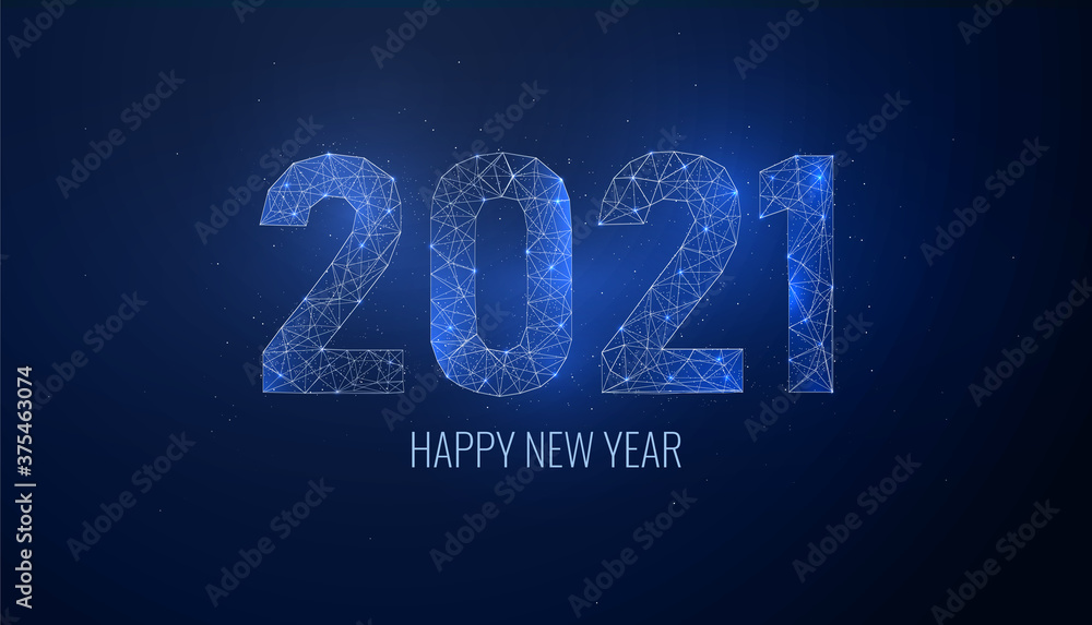 2021 happy new year in technology digital style on blue background. Geometric polygonal concept of shimmering numbers for a holiday card. Futuristic digital number. Vector illustration 2021 happy new year in technology digital style on blue background. Geometric polygonal concept of shimmering numbers for a holiday card. Futuristic digital number. Vector illustration
