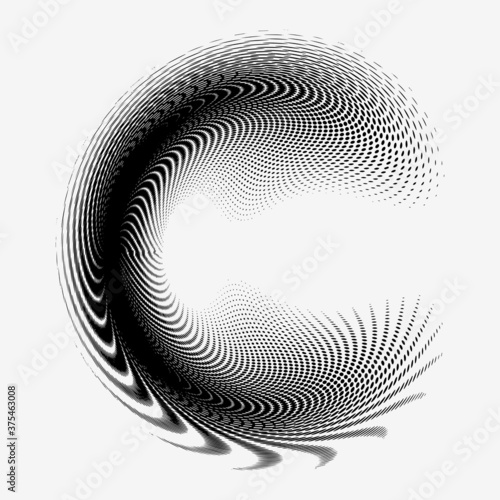 Halftone dots in spiral form. Geometric dotted shape. Design element for frames, prints, web pages, template, logos and textile pattern